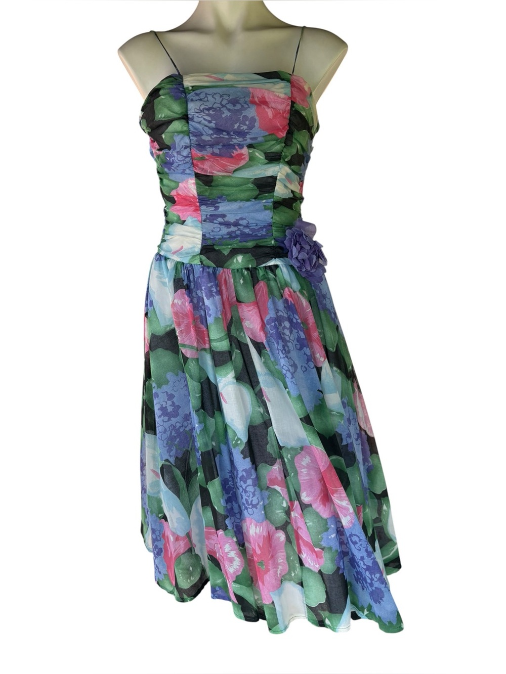 Vintage 80s Floral Chiffon Dress Open Back Fit Flare Party Prom 6 Small
